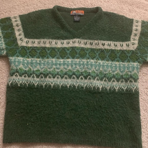 Vintage Y2K Wool Sweater 90s V Neck Cropped Fair Isle Bulldog Green Blue - Picture 5 of 13